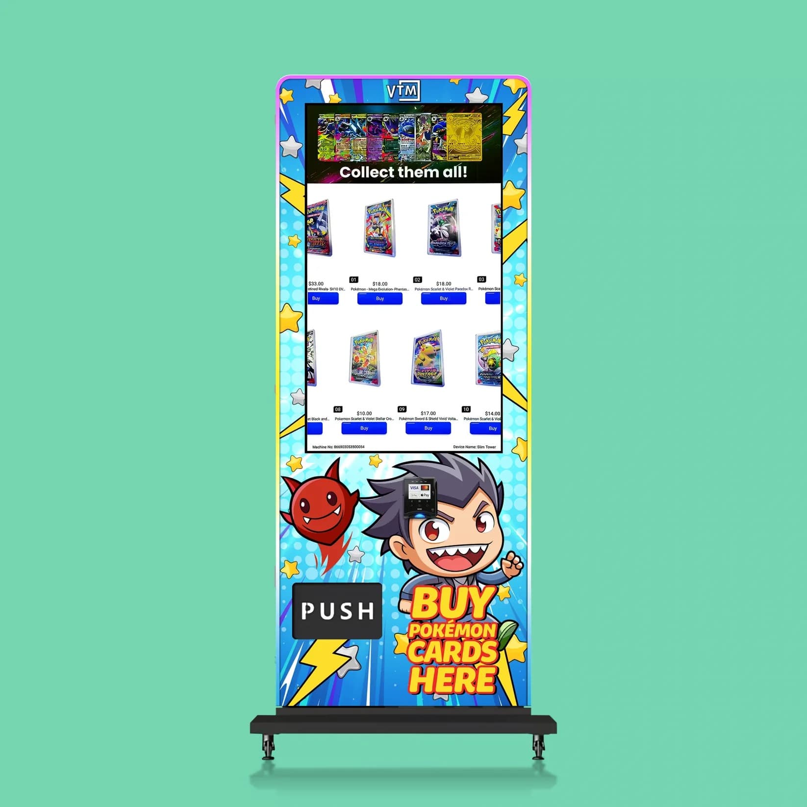 Freestanding Pokémon card vending tower with a full-height touchscreen