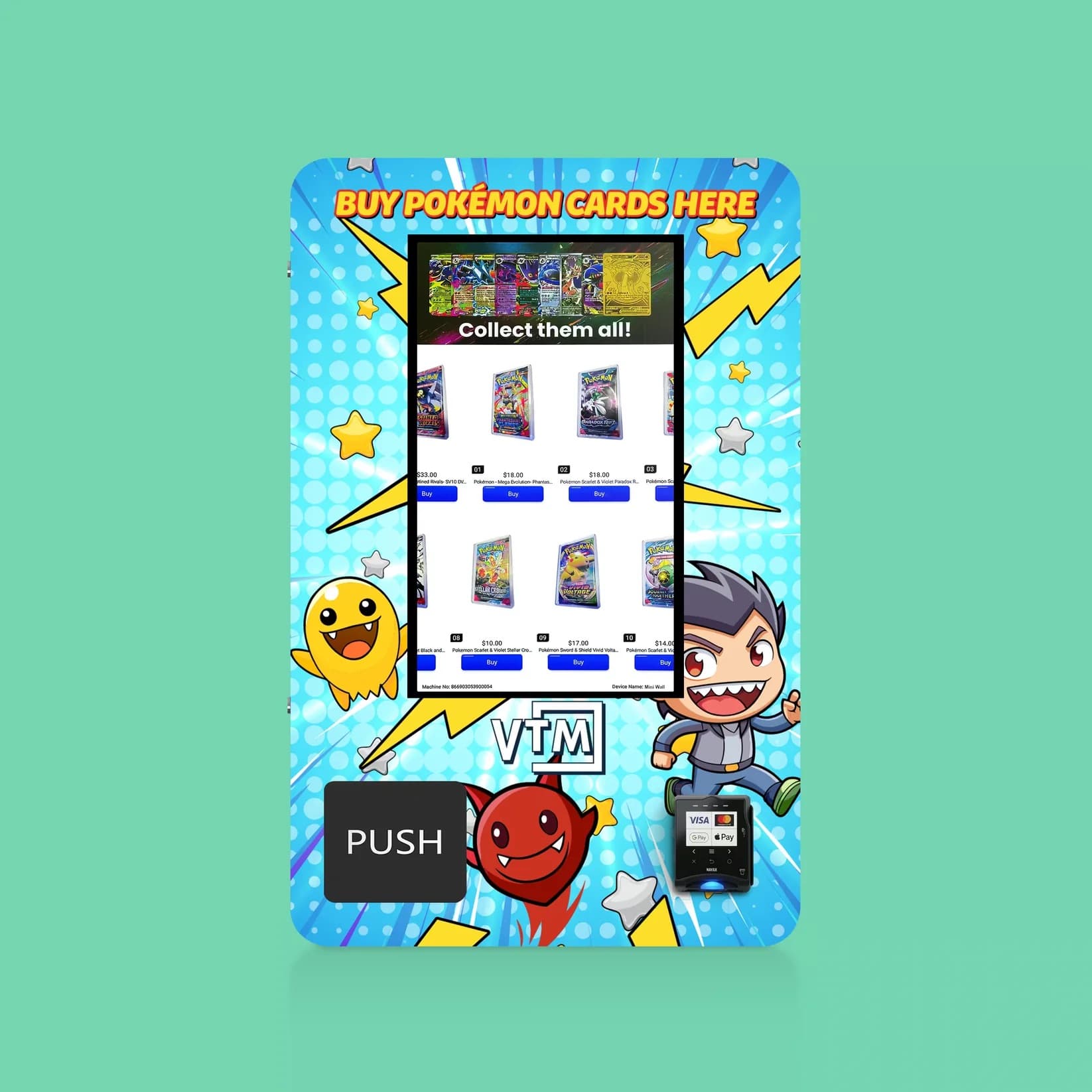 Wall mounted Pokémon card vending machine, front view