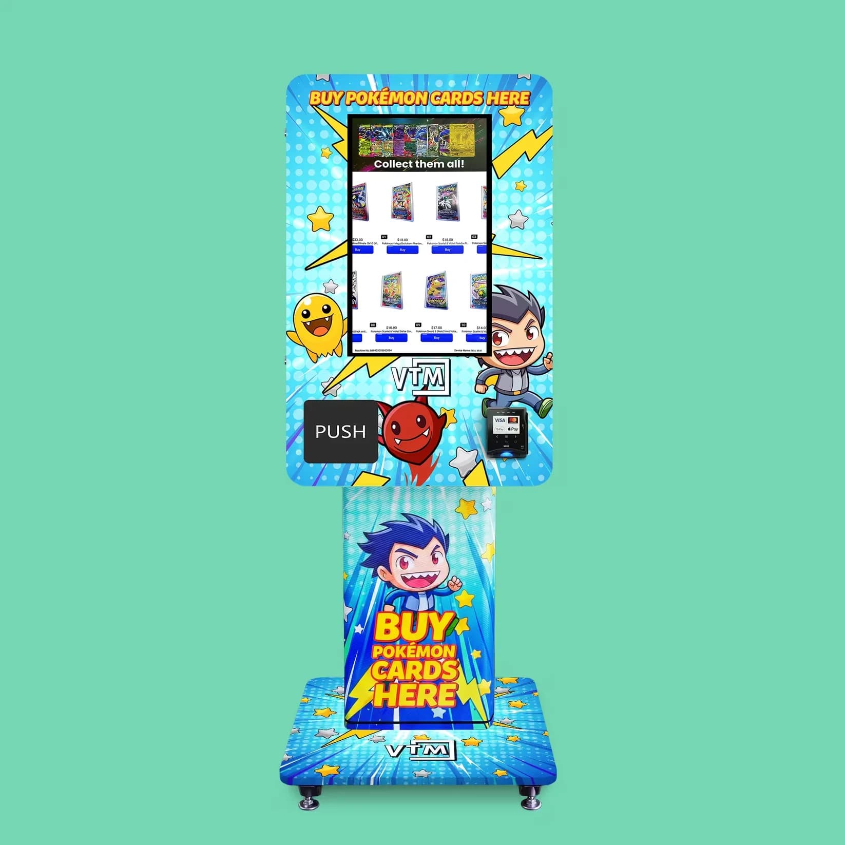 Pokémon card vending machine on a freestanding pedestal stand