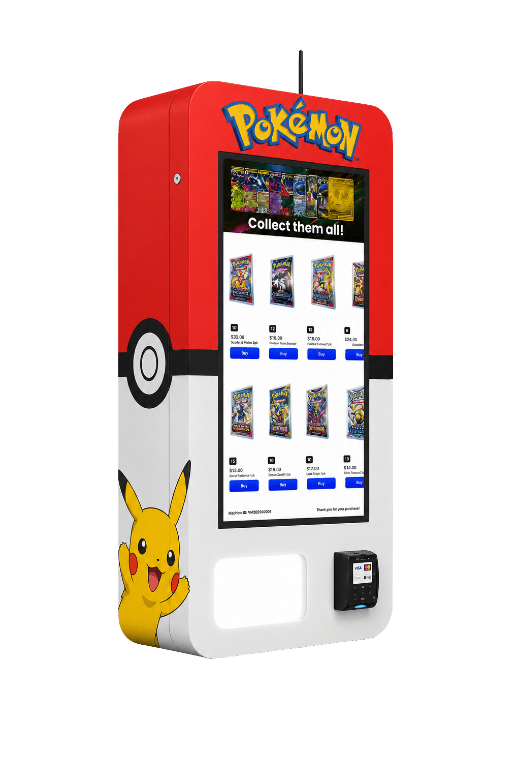Pokémon card vending machine with a touchscreen and tap-to-pay reader