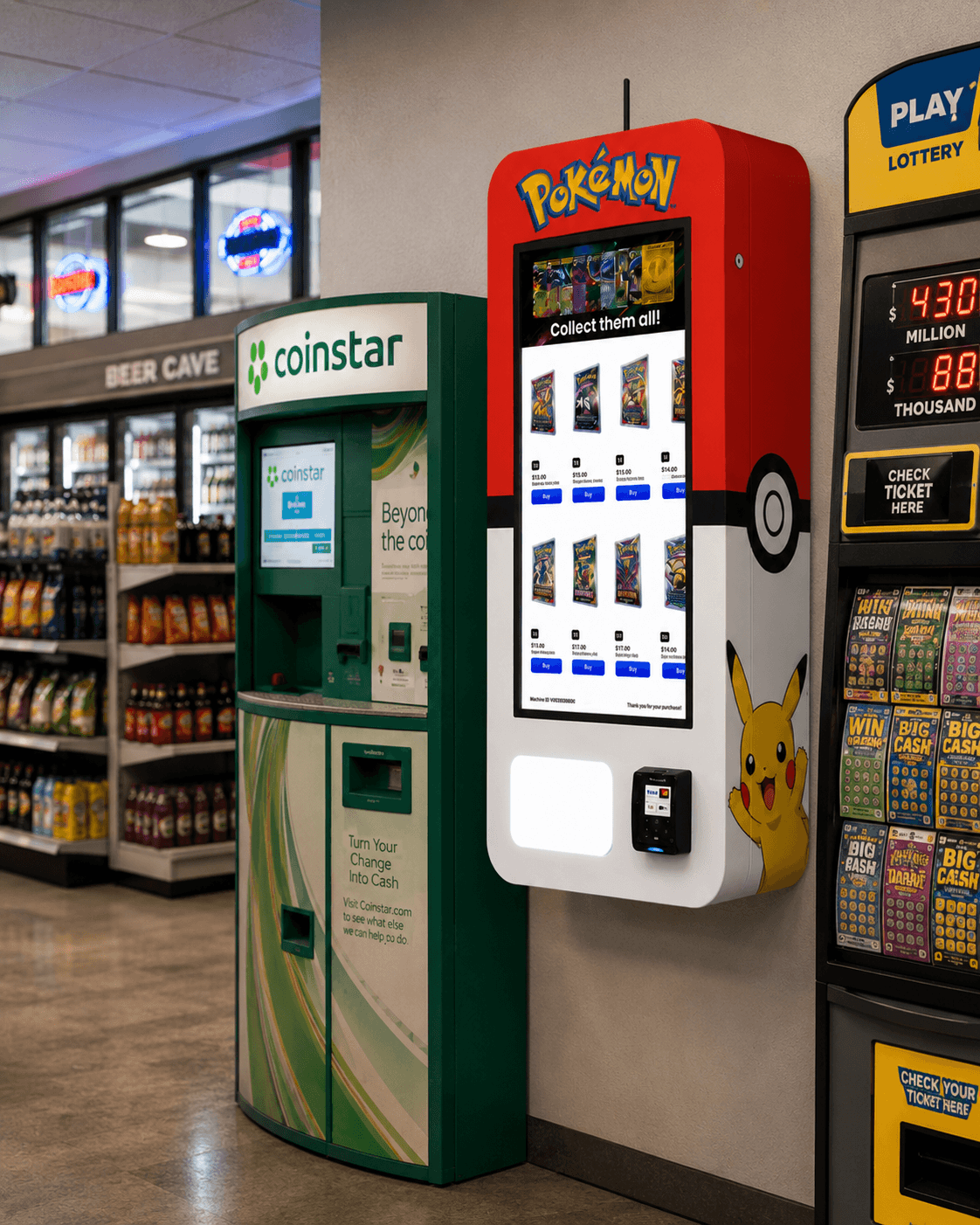 Pokémon card vending machine mounted on a convenience store wall beside the lottery machines